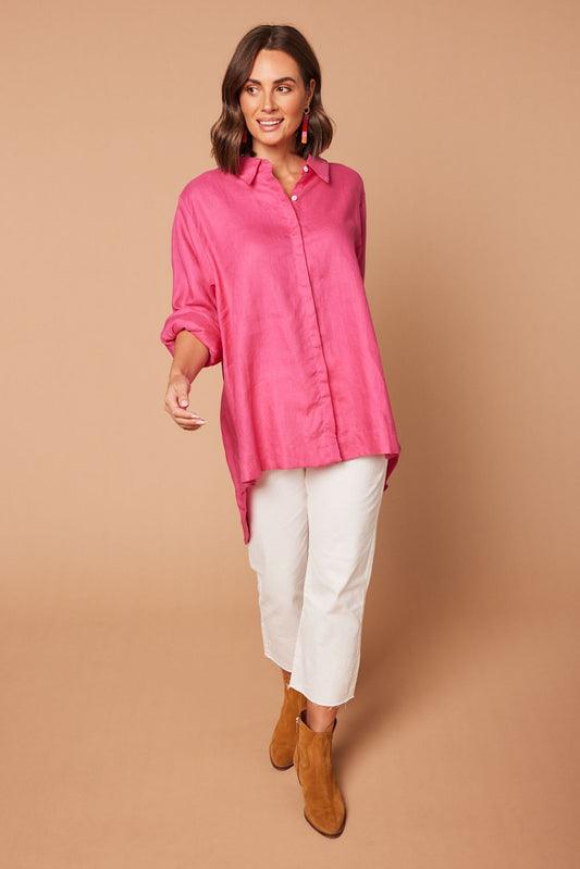 Oversized Linen Boyfriend Shirt  in Hot Pink